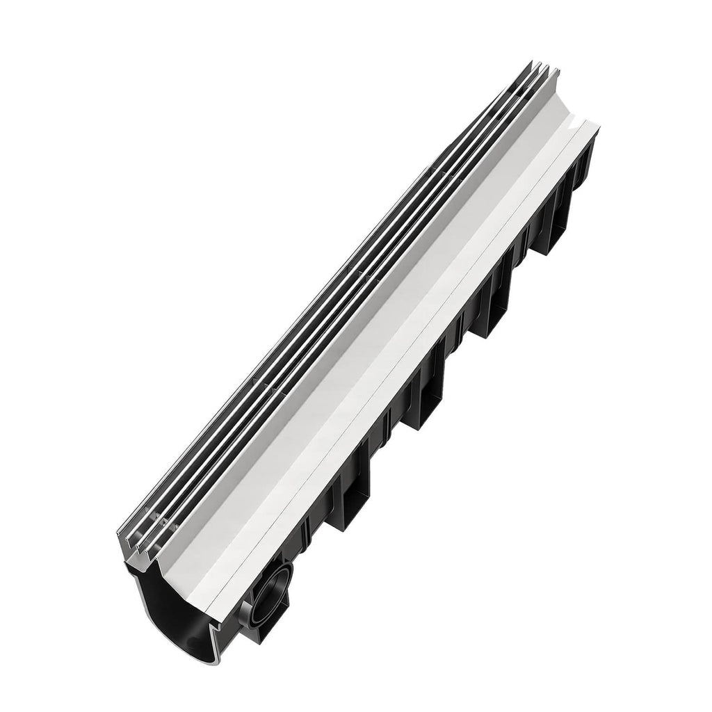 Linear trench drain channel with steel grate and black base, end outlet shown