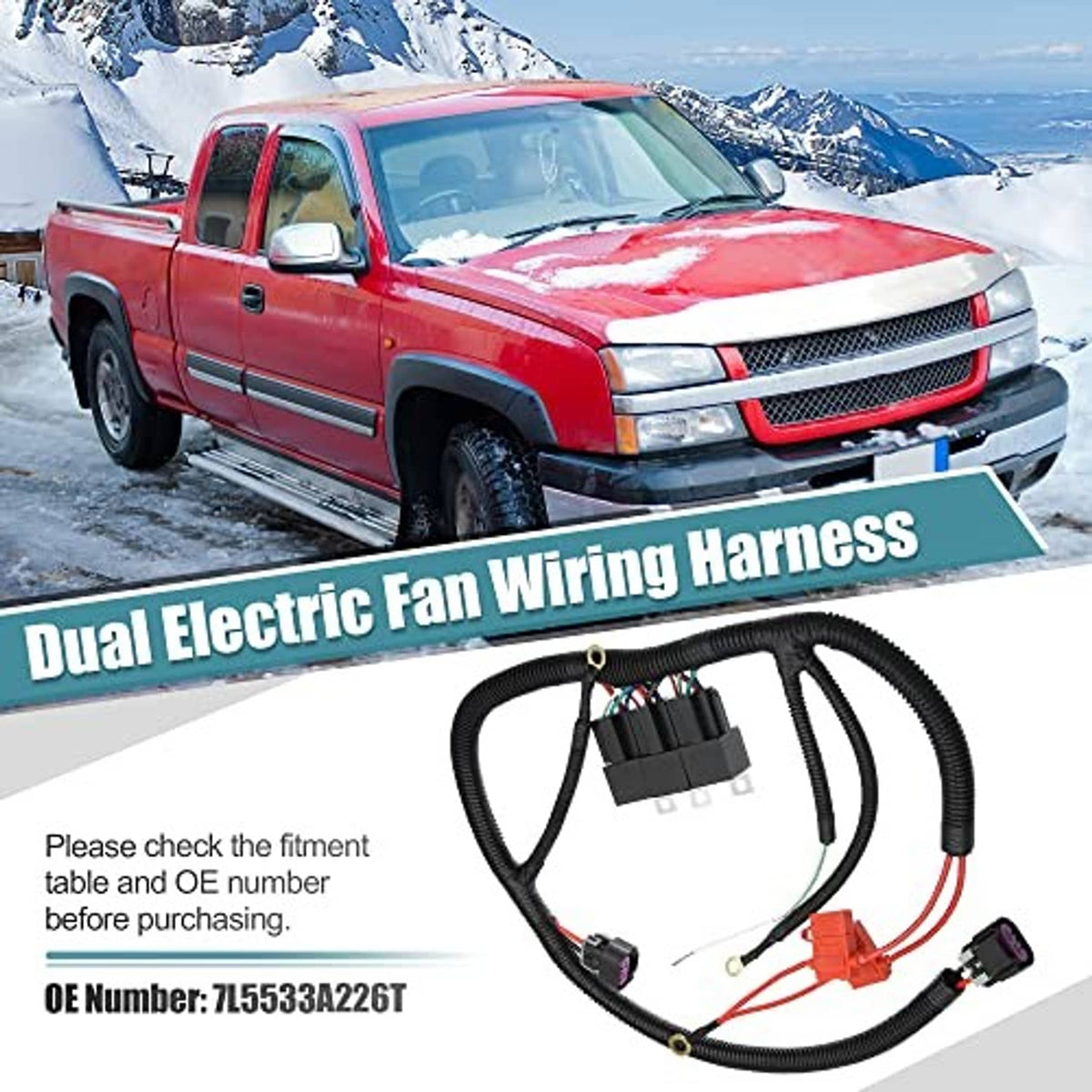 Dual electric fan wiring harness kit with black wiring and red relay connectors