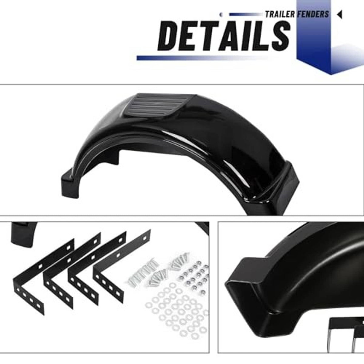 Black trailer fender details with ribbed top and included mounting brackets