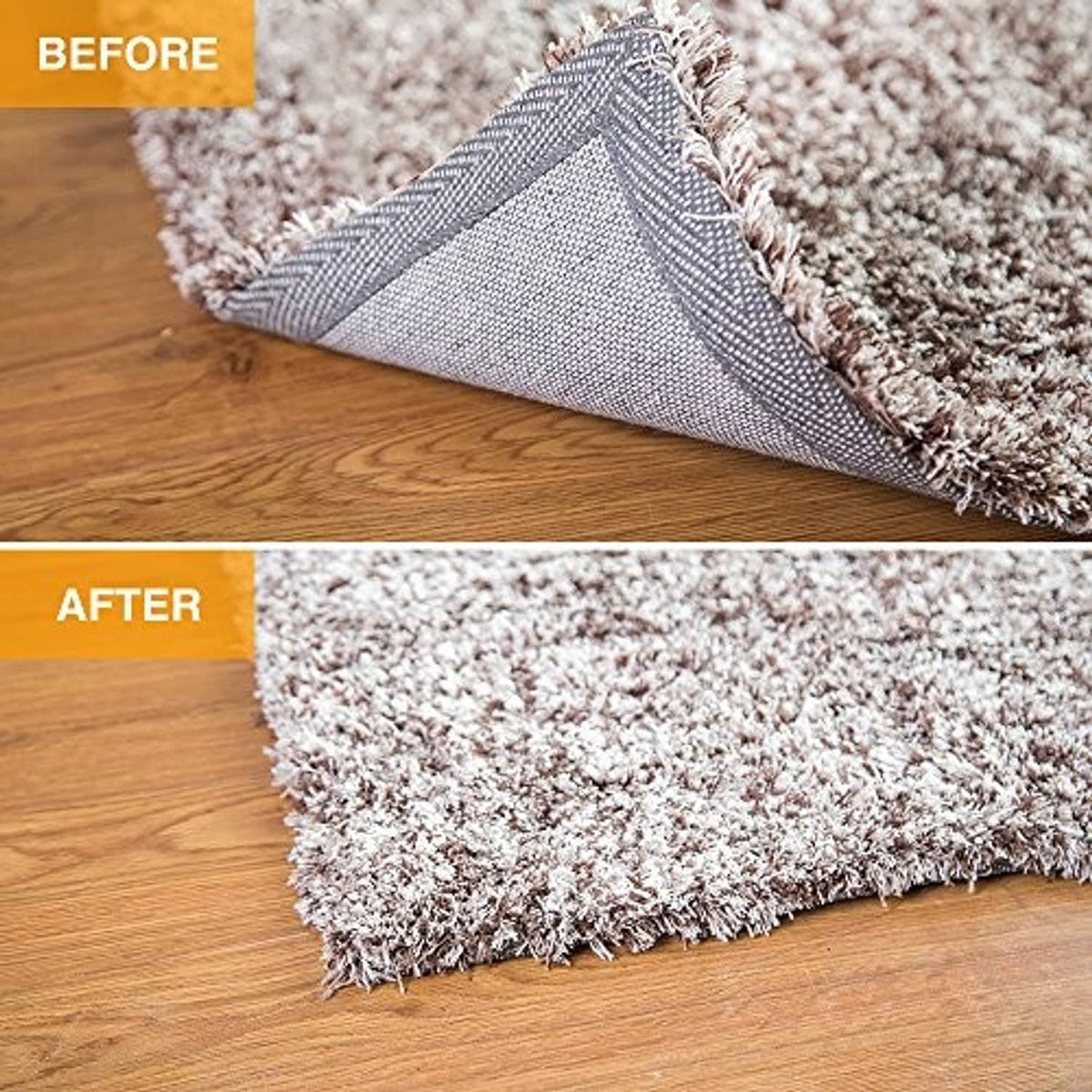 Gray shag rug pad gripper securing a corner on wood floor, before and after