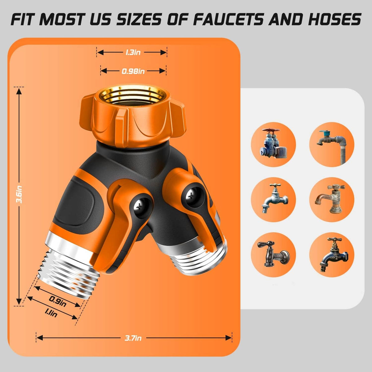 Two-way garden hose splitter with female threads, orange top and black valve body