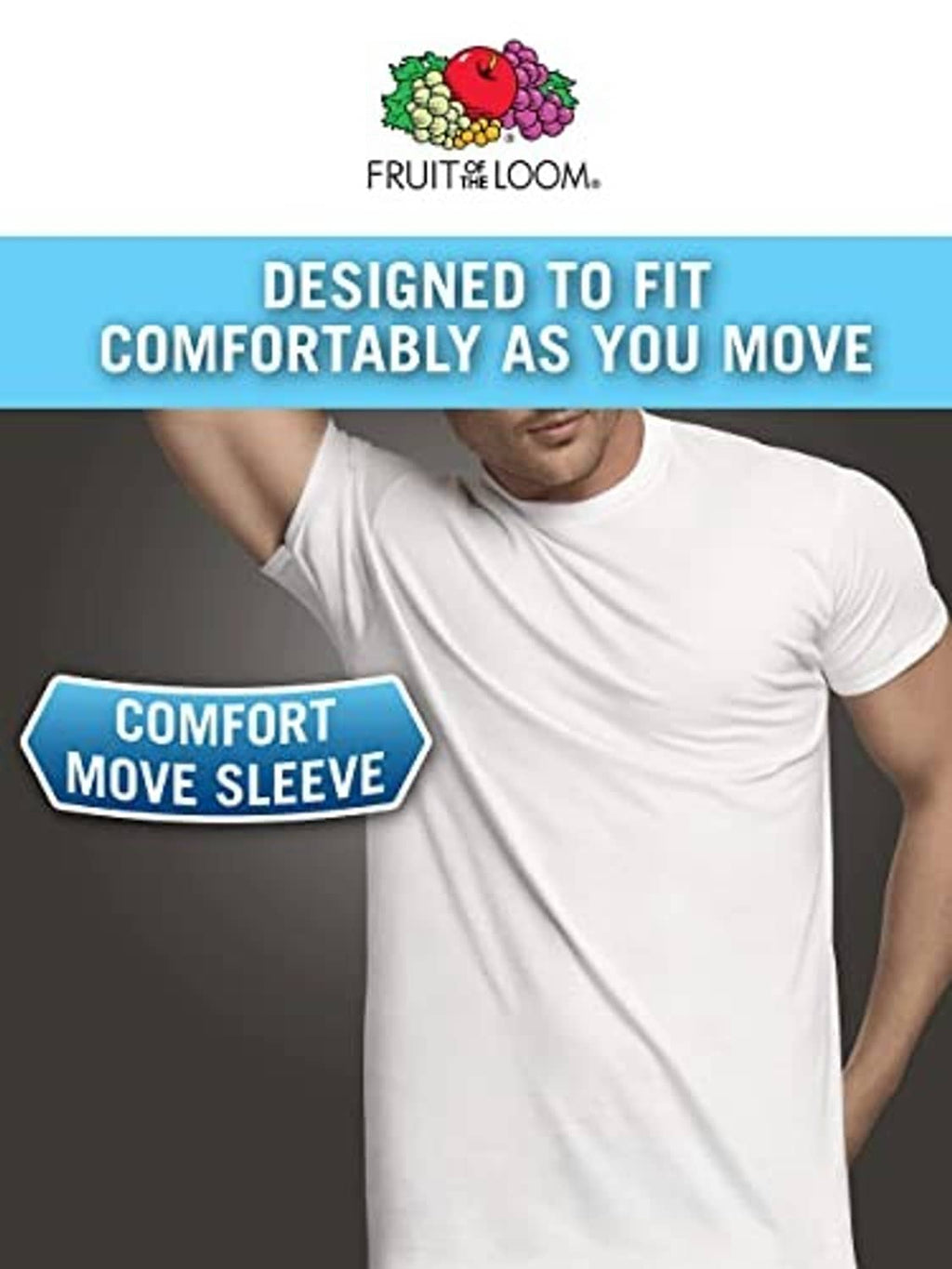 Men's white crew-neck cotton T-shirt with comfort move sleeve badge