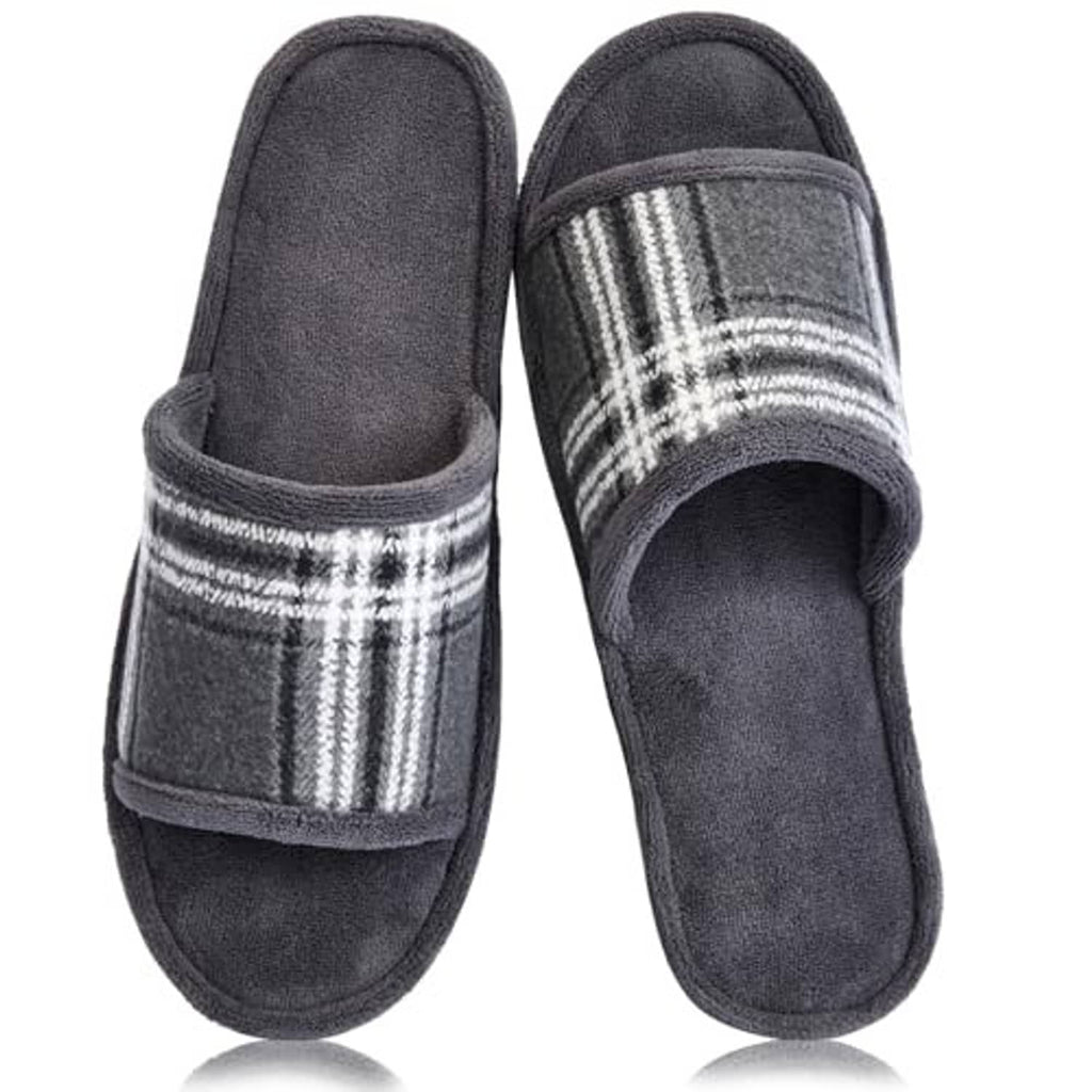 Pair of men's grey open-toe slippers with plaid front strap and slip-on design