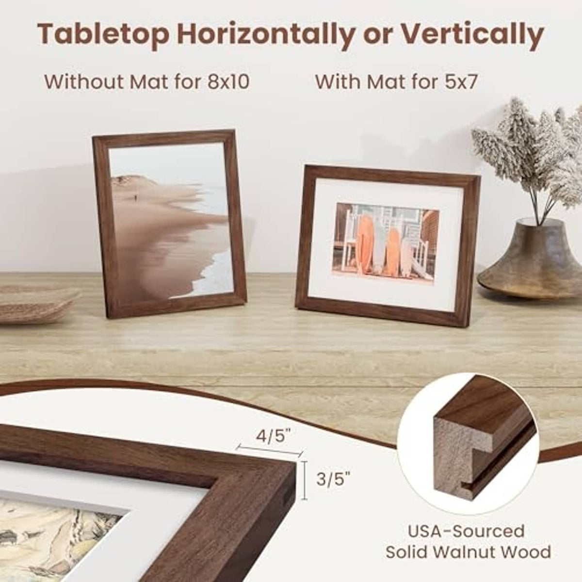 Walnut picture frame for 8x10 with mat for 5x7, tabletop portrait or landscape.