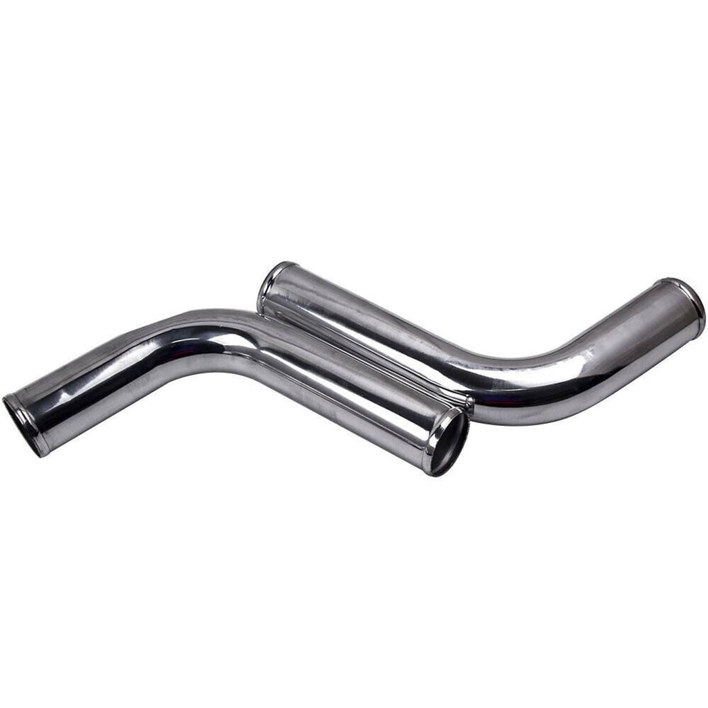 Silver aluminum intercooler elbow pipe sections, polished metal with curved bends