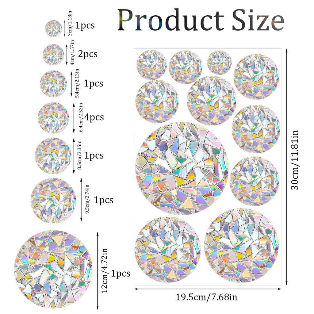 Window decal size chart with circular prism mosaic pieces and measurements
