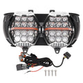 LED motorcycle headlight pair with DRL bar, black housing and multi-lens projector beams