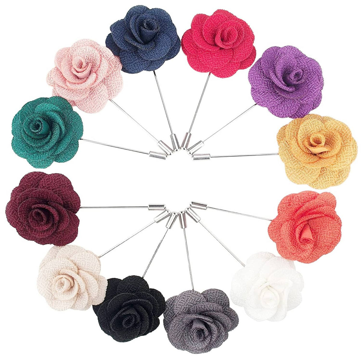Set of fabric rose lapel pins with metal needle stems, multicolor flower design
