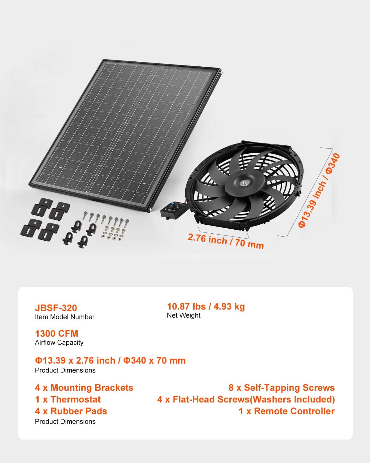 Attic exhaust fan kit with 12 in solar panel, fan, brackets, pads, and screws