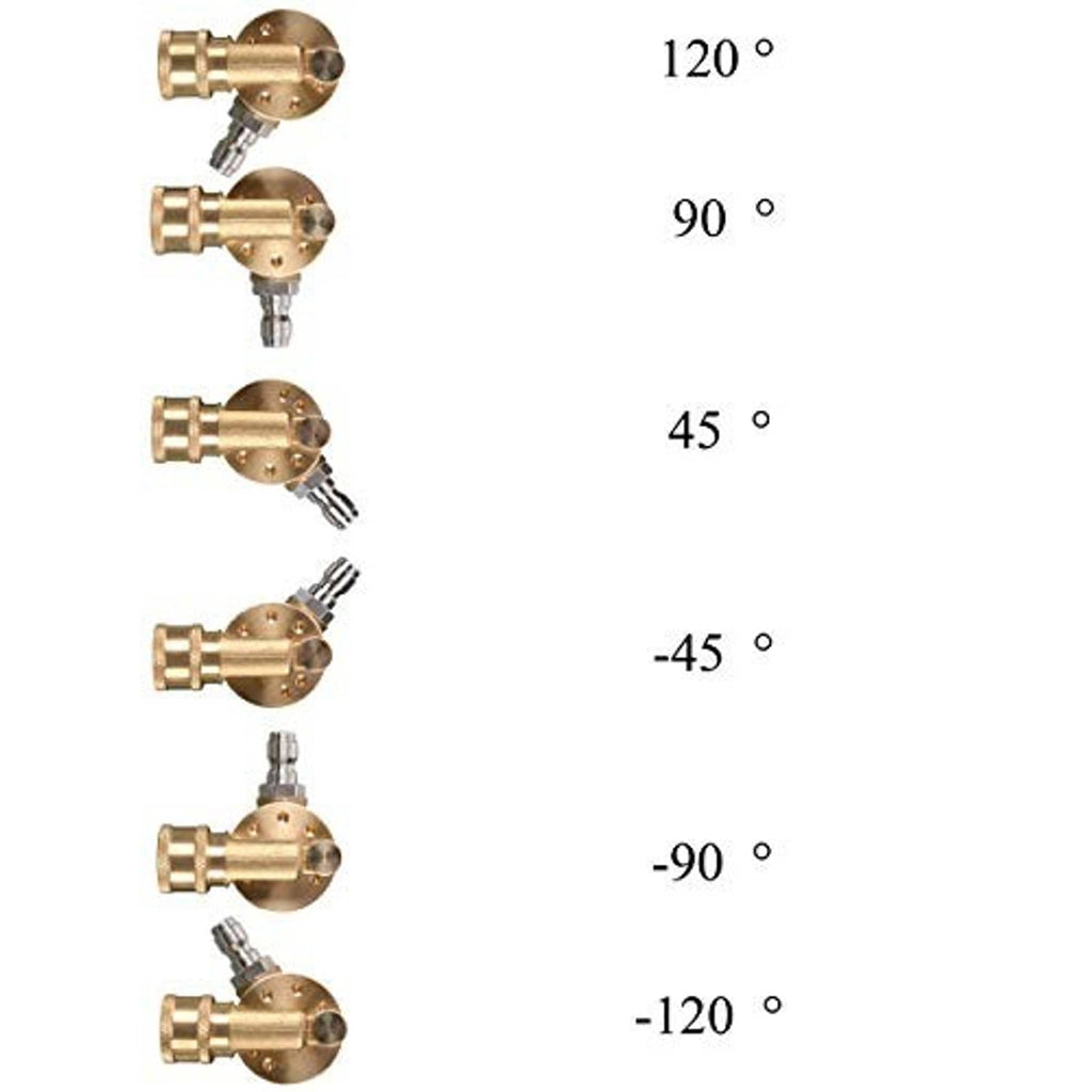 Pivoting coupler shown in multiple rotation angles with quick-connect connection ends
