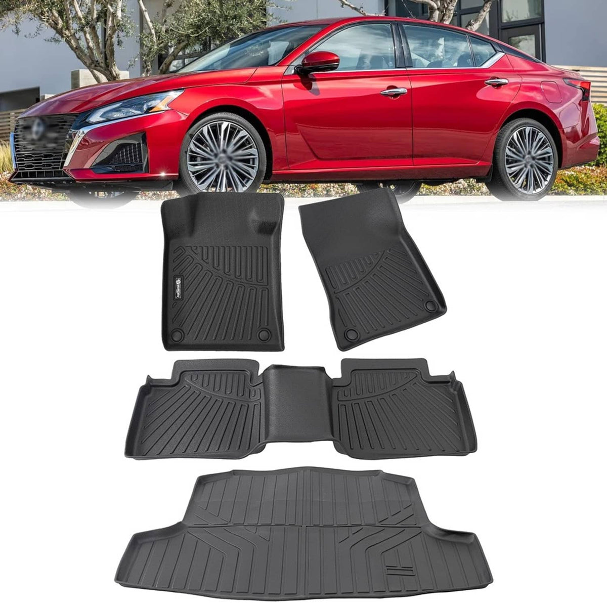 Black all-weather floor mats and cargo liner set with textured tread, five pieces