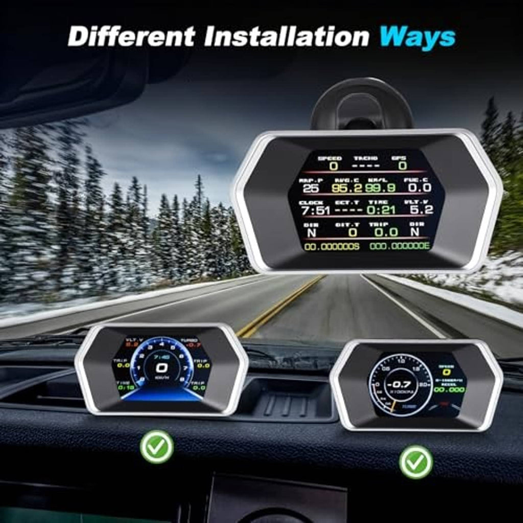 Car HUD speed display on dashboard with multicolor gauge-style screen