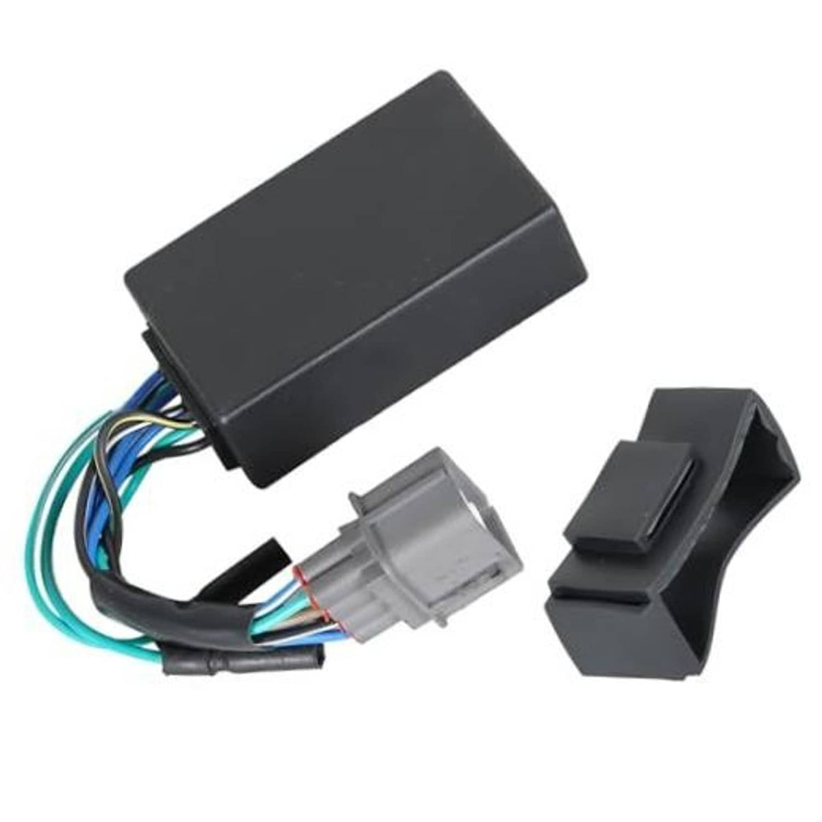Black CDI box module with multi-color wire leads and gray sensor connector