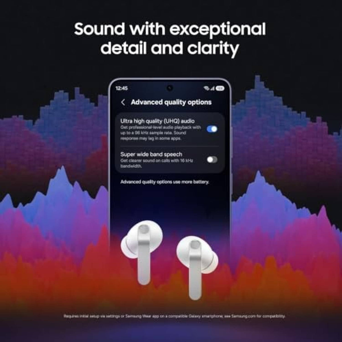 White true wireless earbuds shown with charging case, compact stem design