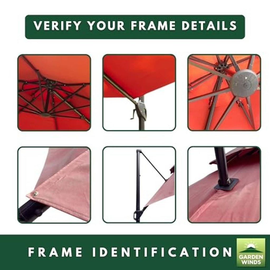 Canopy cover frame identification graphic with mounting bracket and stitching detail views
