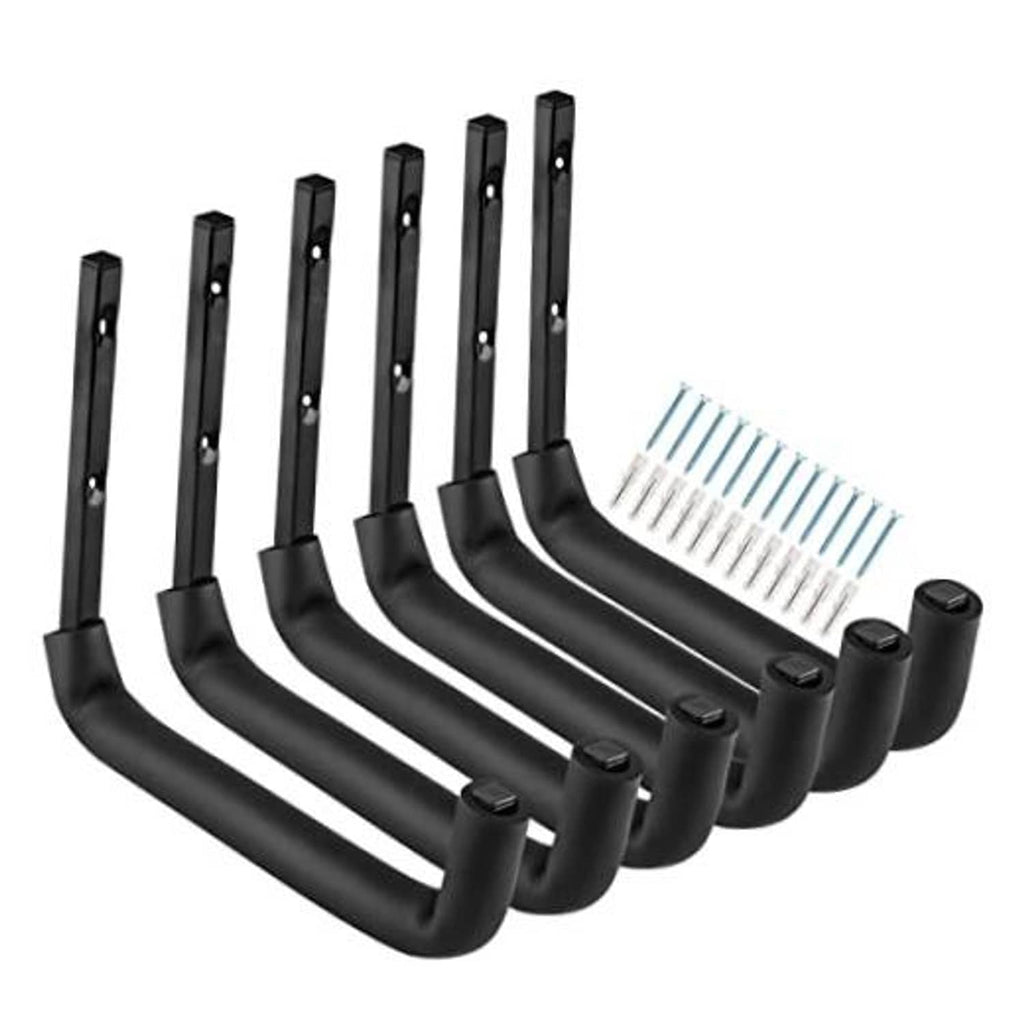Set of black garage wall hooks with long U-shaped arms and mounting plates