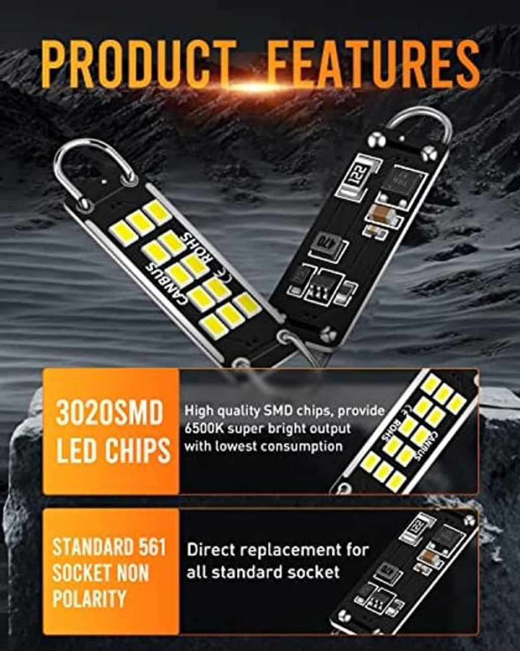 Car LED dome light bulbs, 4-pack, black rectangular modules with metal loop pins
