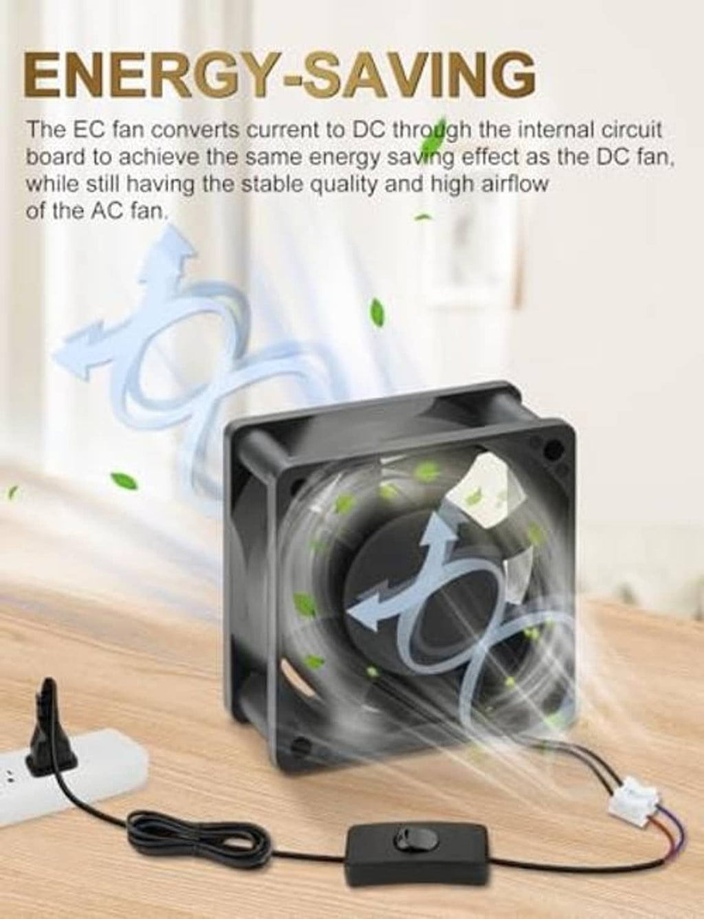 Small DC cooling fan with power cord and switch, black square frame