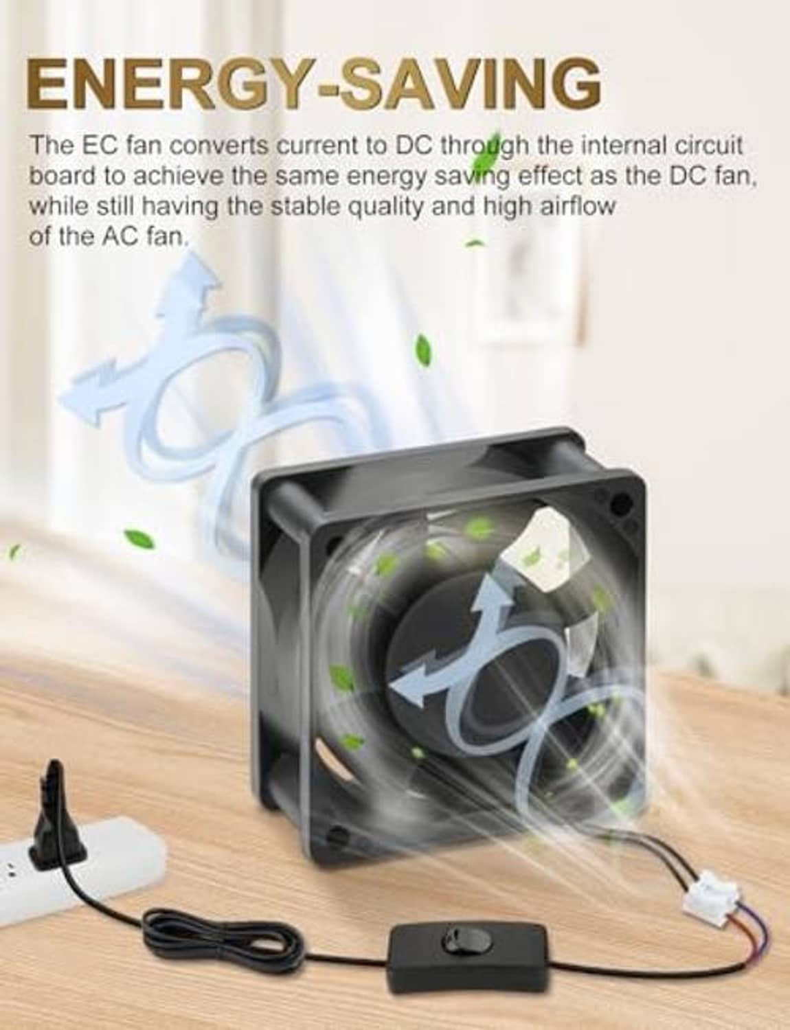 Small DC cooling fan with power cord and switch, black square frame