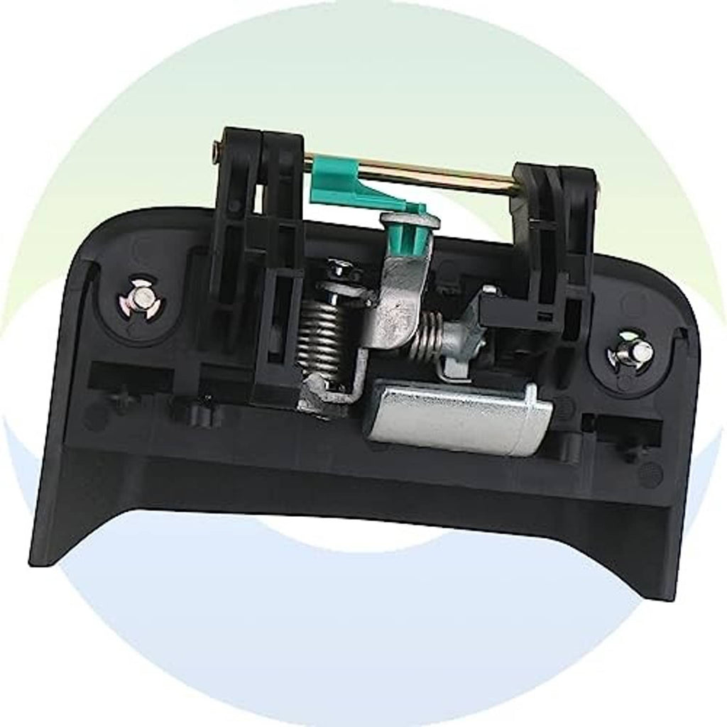 Close-up of black door handle mechanism with spring, white cylinder, and teal clip
