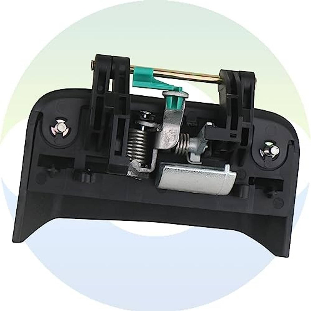 Close-up of black door handle mechanism with spring, white cylinder, and teal clip