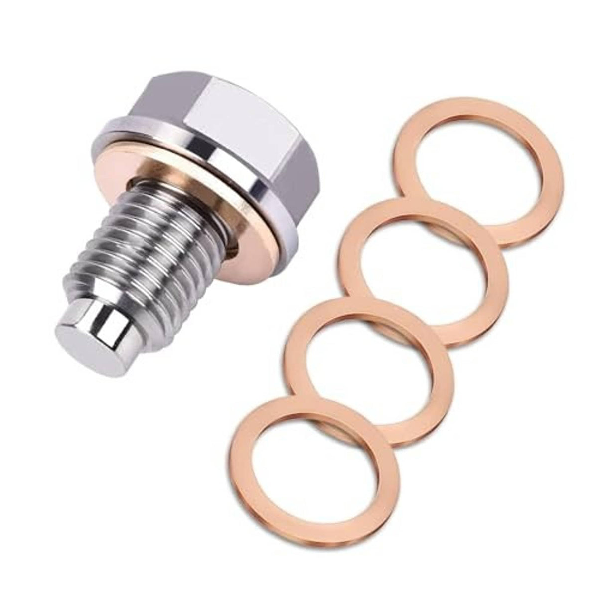 Magnetic oil drain plug with stainless hex head and copper washers (4-piece set)