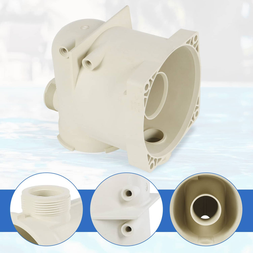 Pool pump housing close-up with threaded connection and large circular outlet opening
