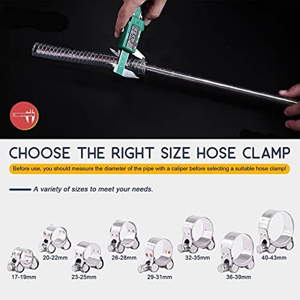 Stainless steel T-bolt hose clamp with bolt and tightening tool for selecting size