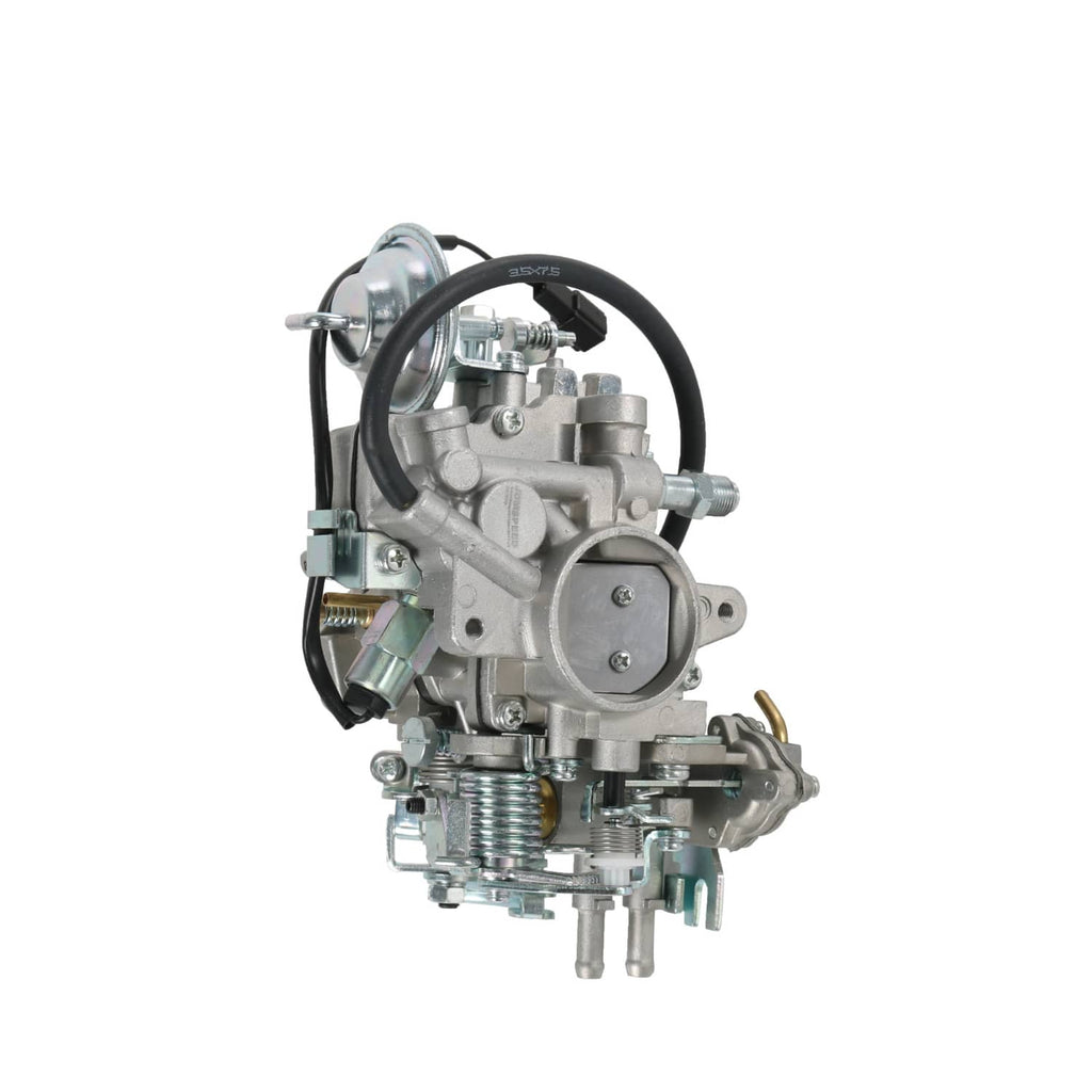Carburetor flange assembly angled view with round intake opening and black wiring