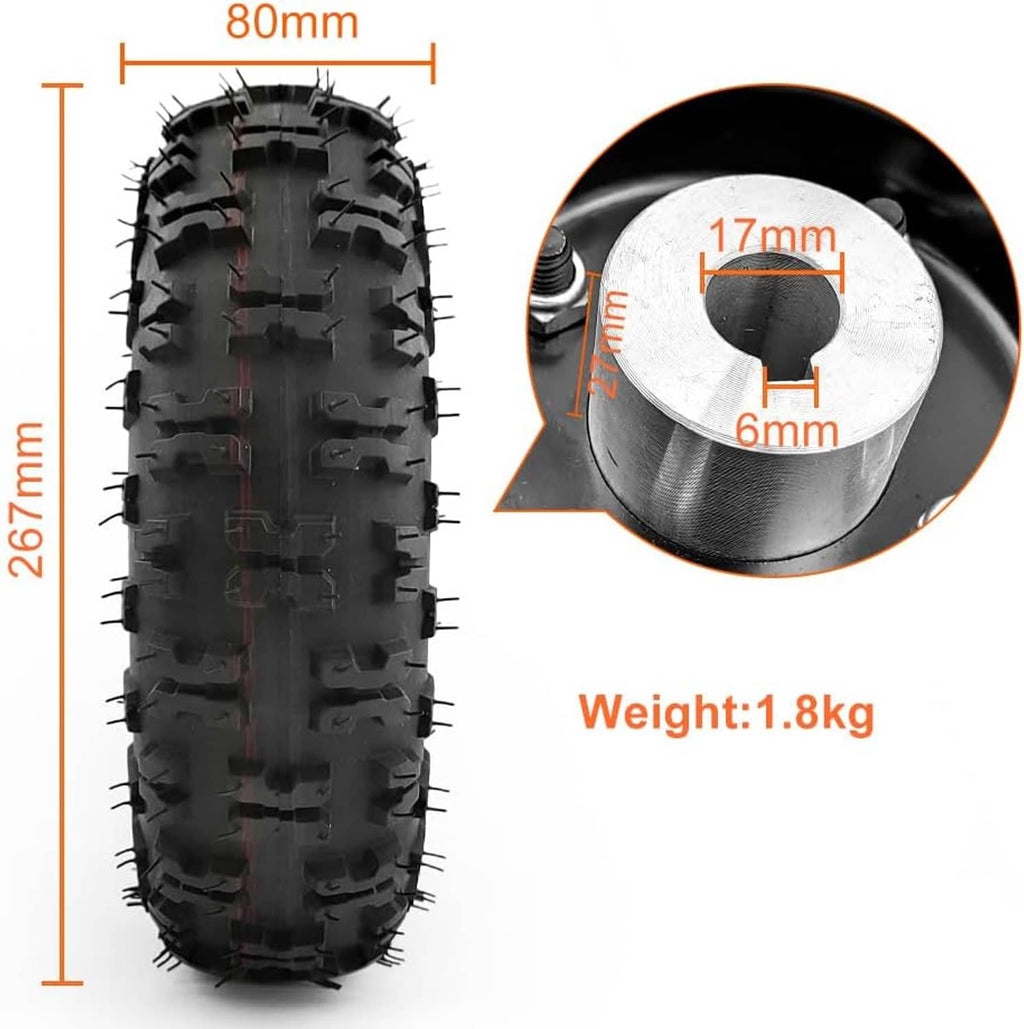 10-inch pneumatic off-road tire with 17mm axle hole detail on wheel