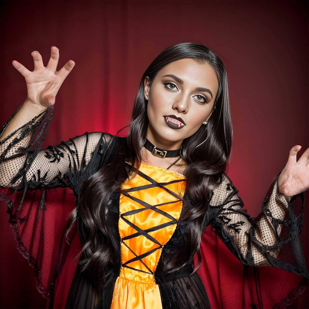 Model wearing Halloween vampire fake teeth, showing jagged red-lined fangs and pink gums