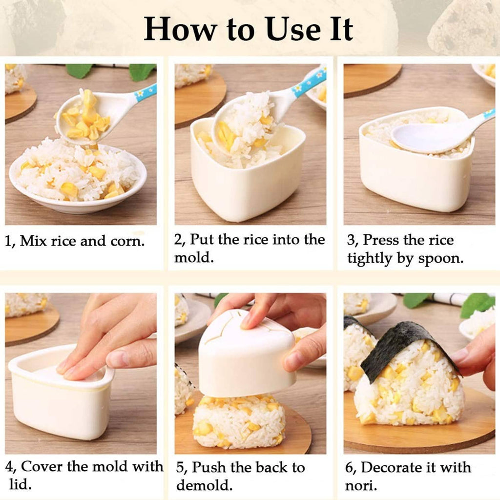 How-to setup with triangle rice mold: filling, pressing, and shaping on a wooden board