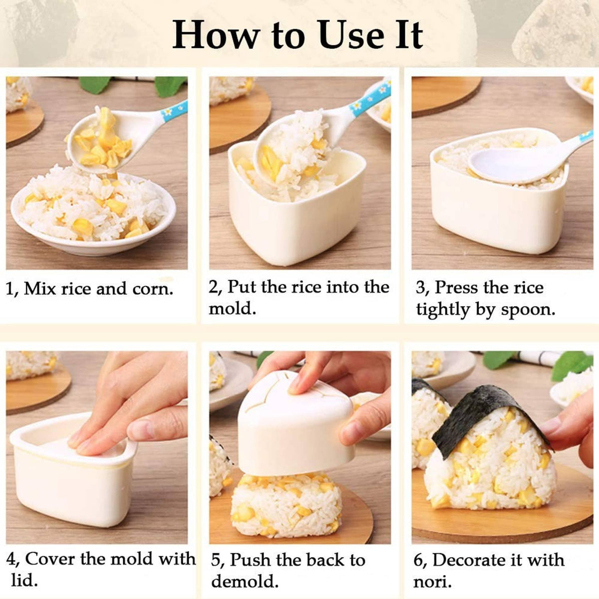 How-to setup with triangle rice mold: filling, pressing, and shaping on a wooden board