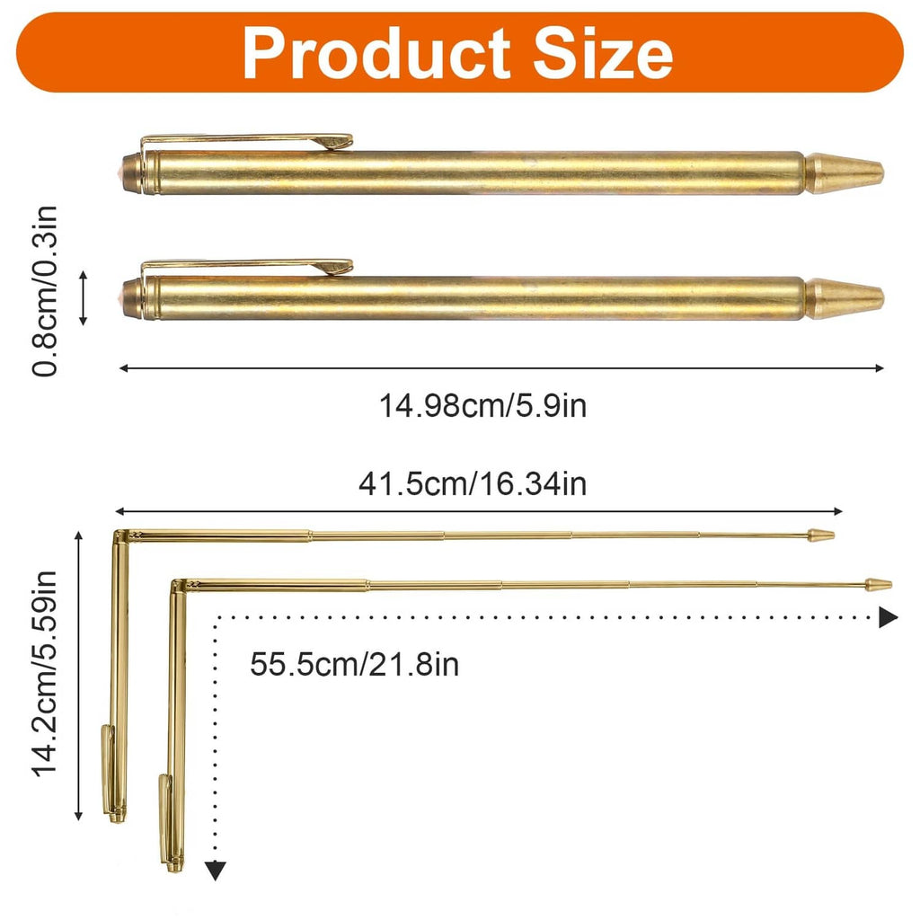Two retractable brass dowsing rods, straight pen-style tubes with pointed tips