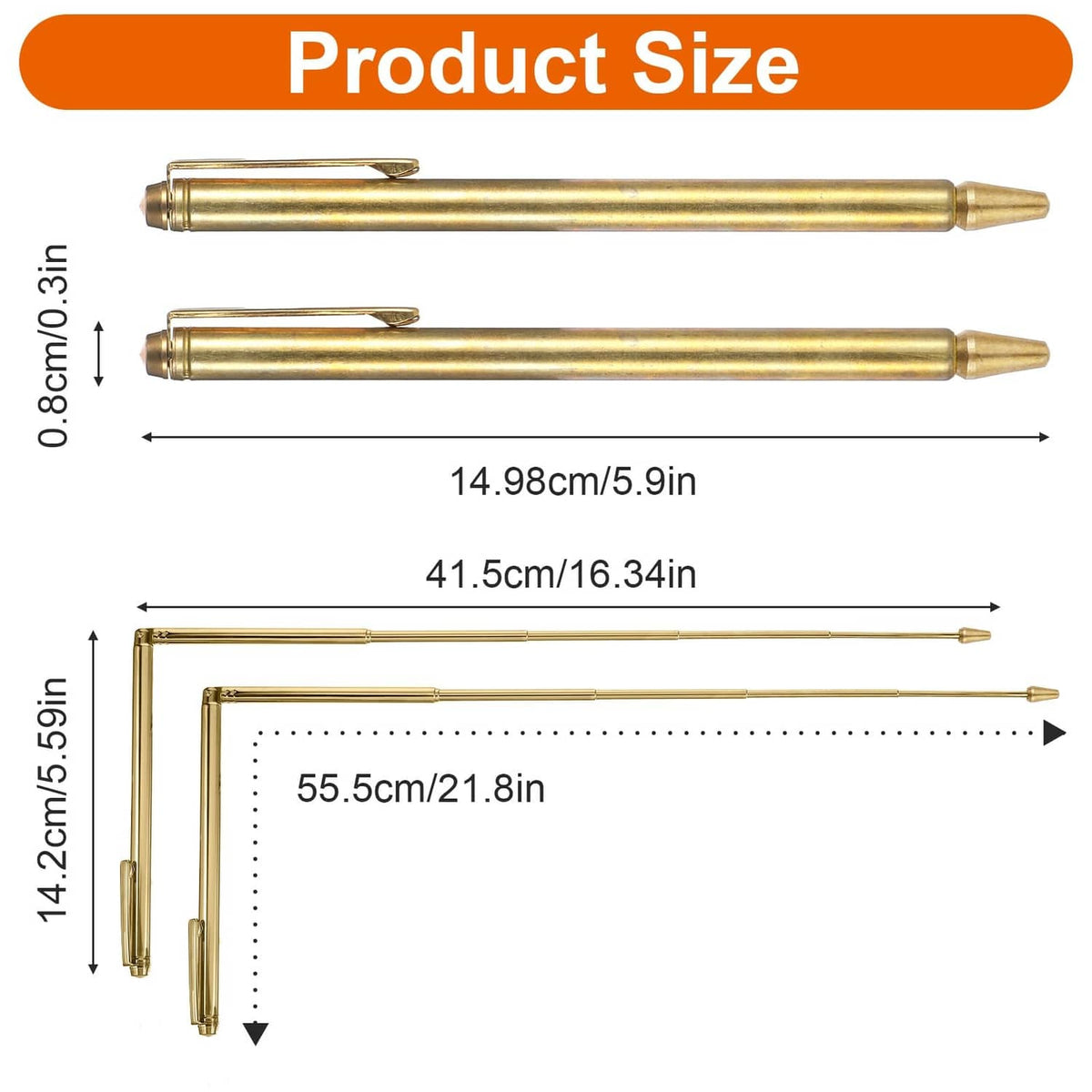 Two retractable brass dowsing rods, straight pen-style tubes with pointed tips