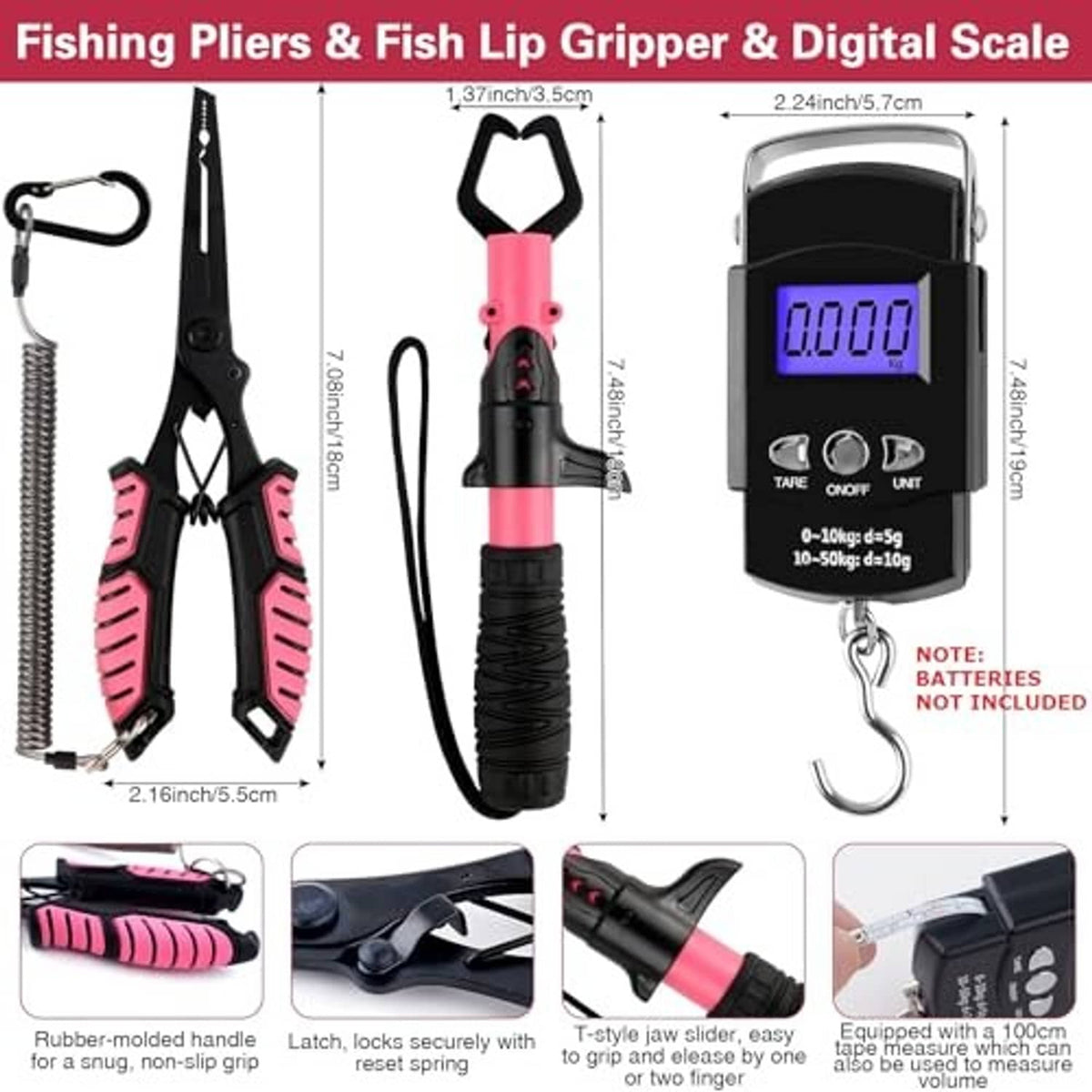 Pink-and-black fishing pliers and digital scale with hook clip on tackle kit