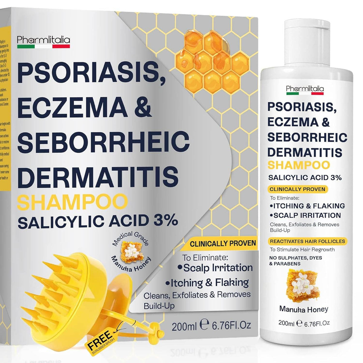 Salicylic acid 3% scalp shampoo bottle with honeycomb and drop elements
