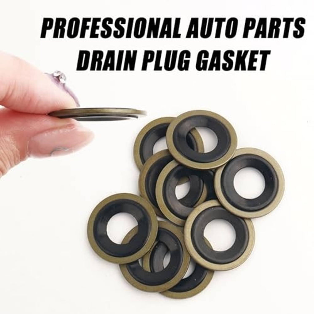 Drain plug gasket washers set, circular metal outer ring with dark rubber seal