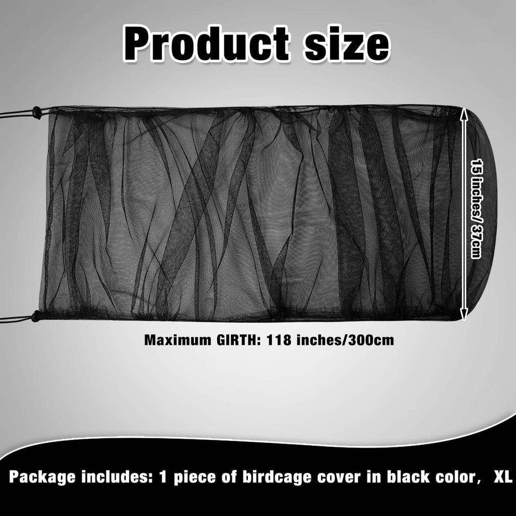 Black mesh birdcage cover net with elastic edge and adjustable sizing, flat view