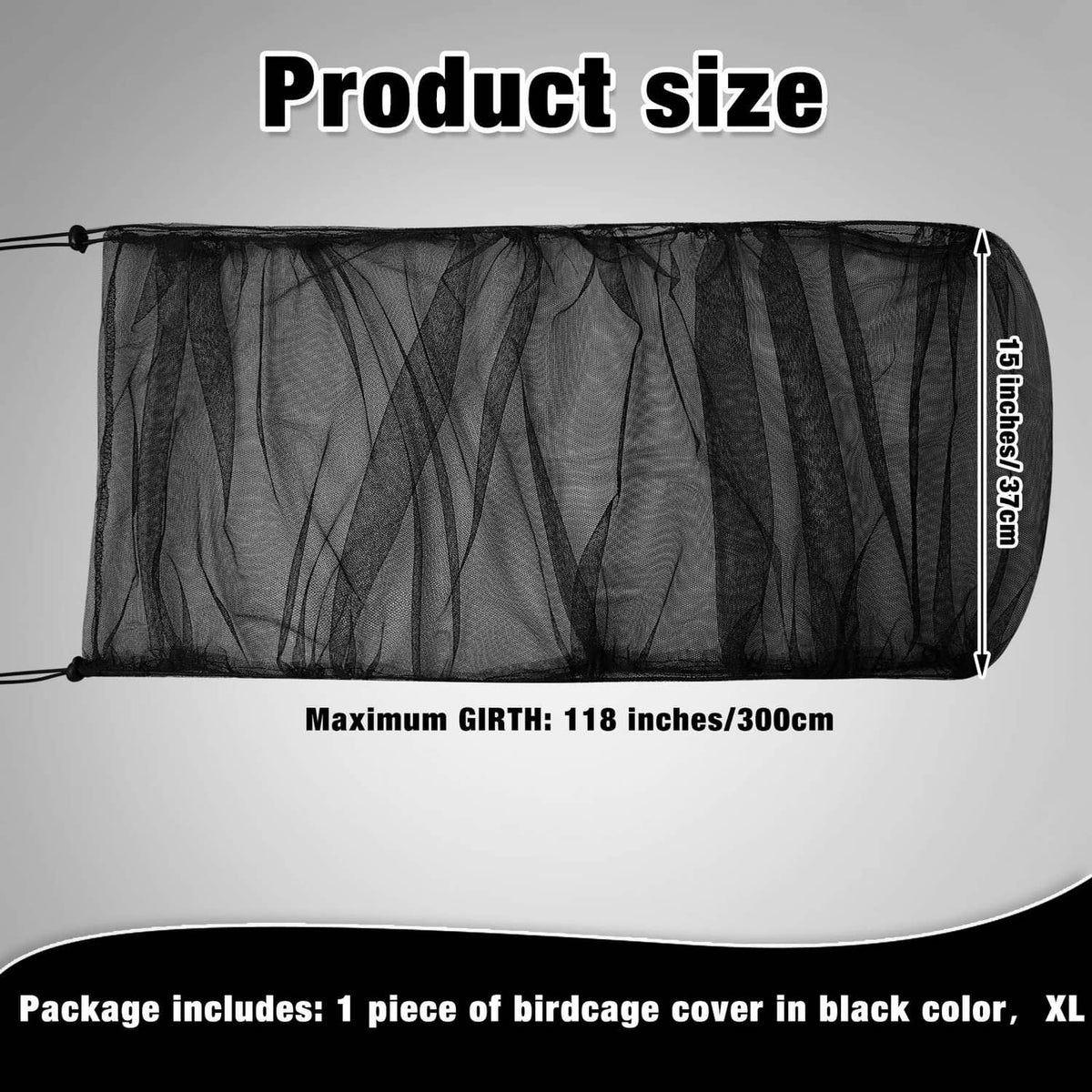 Black mesh birdcage cover net with elastic edge and adjustable sizing, flat view