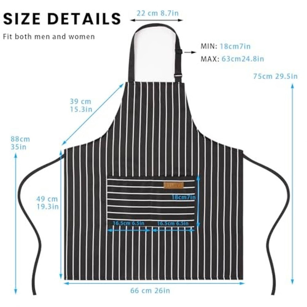 Flat lay black striped chef apron with two front pockets and adjustable neck strap