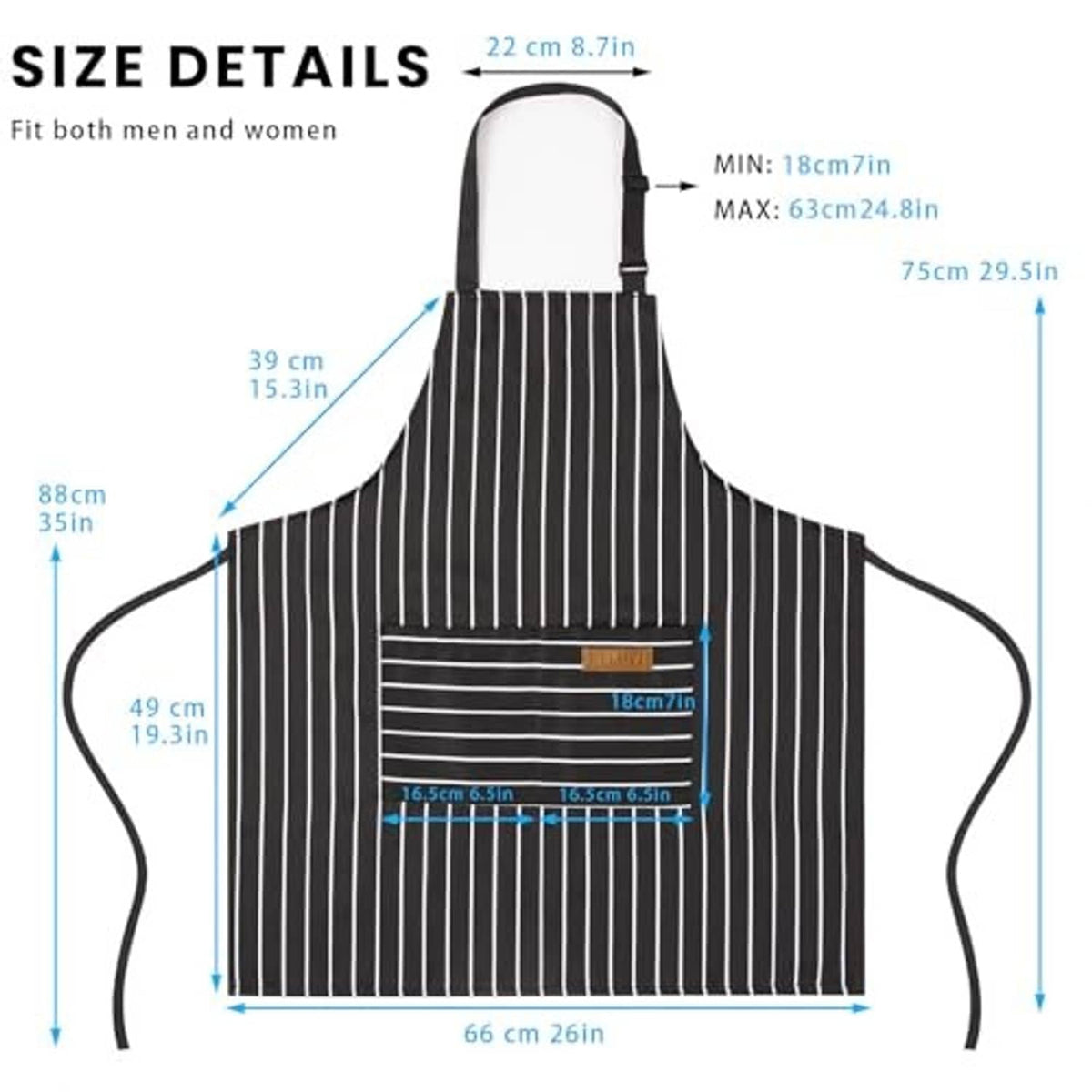 Flat lay black striped chef apron with two front pockets and adjustable neck strap