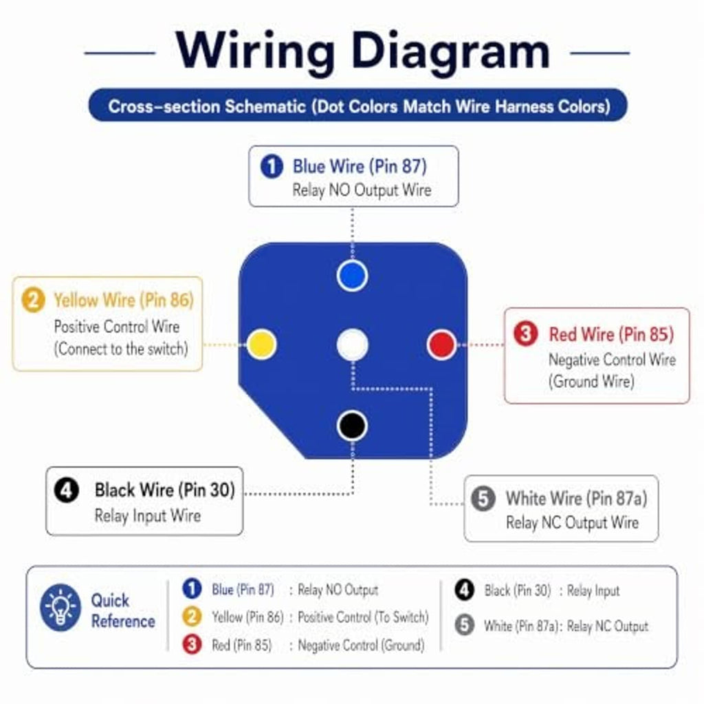 5-pin relay wiring diagram with numbered terminals and color-matched wires