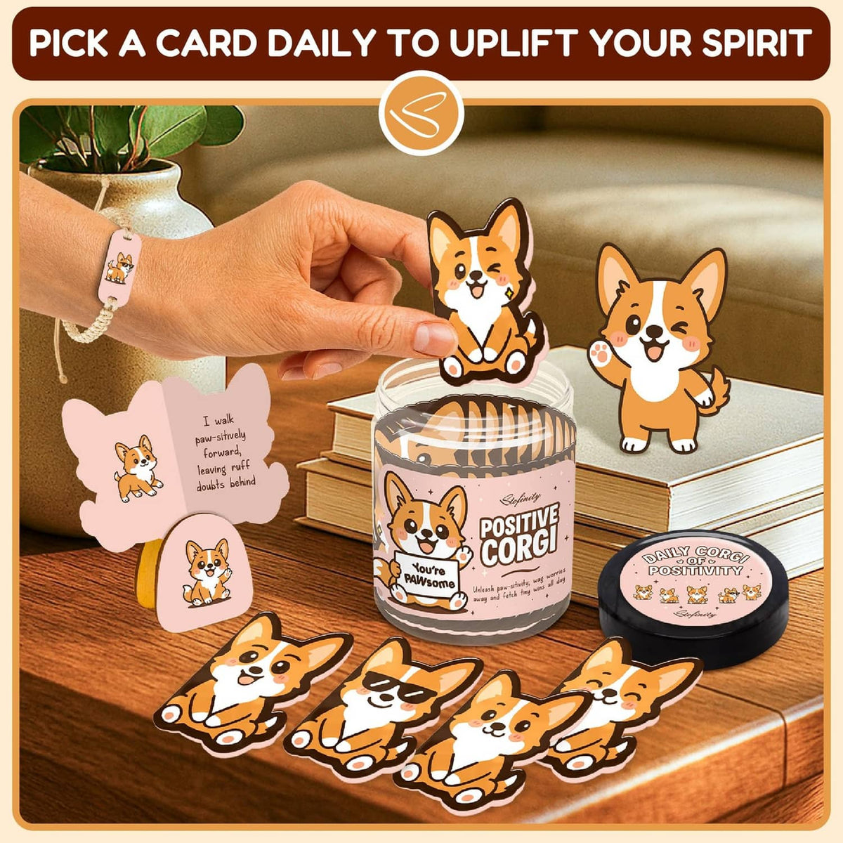 Positive corgi cards and bracelet with storage jar on a tabletop