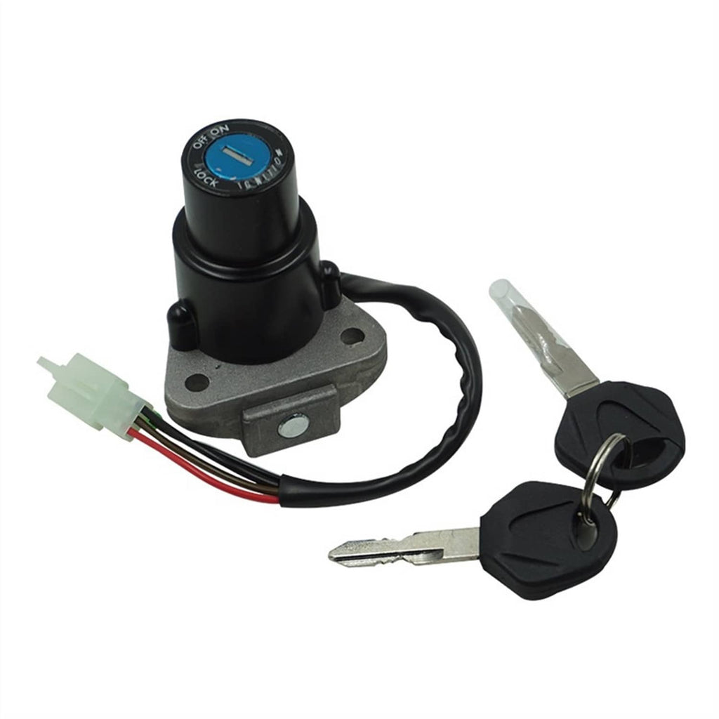 Ignition switch lock with two keys and wiring harness, black cylinder on metal mount