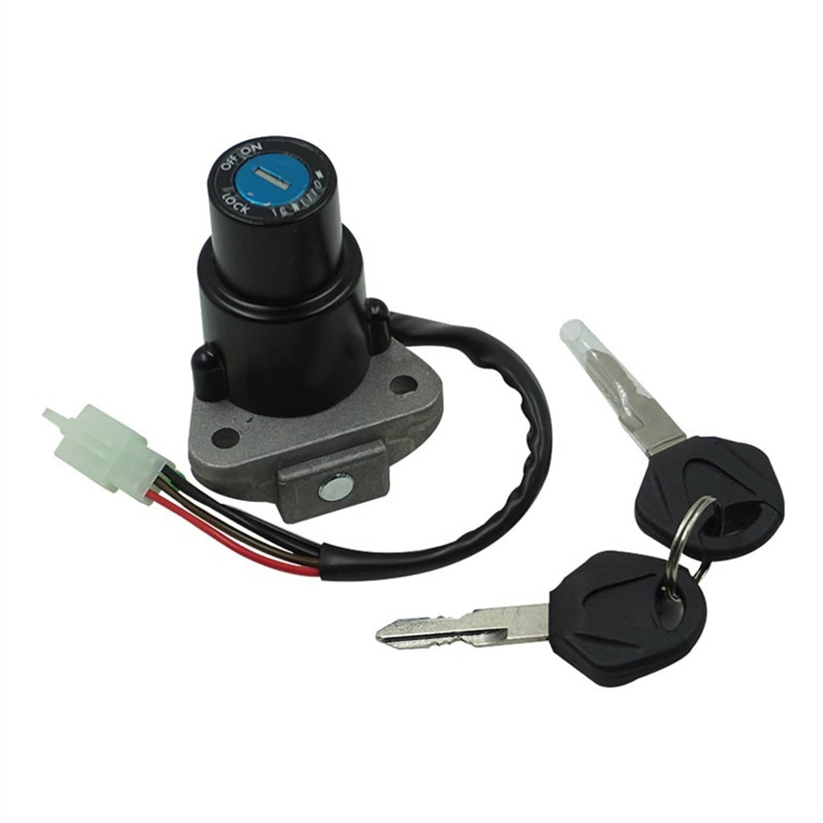 Ignition switch lock with two keys and wiring harness, black cylinder on metal mount