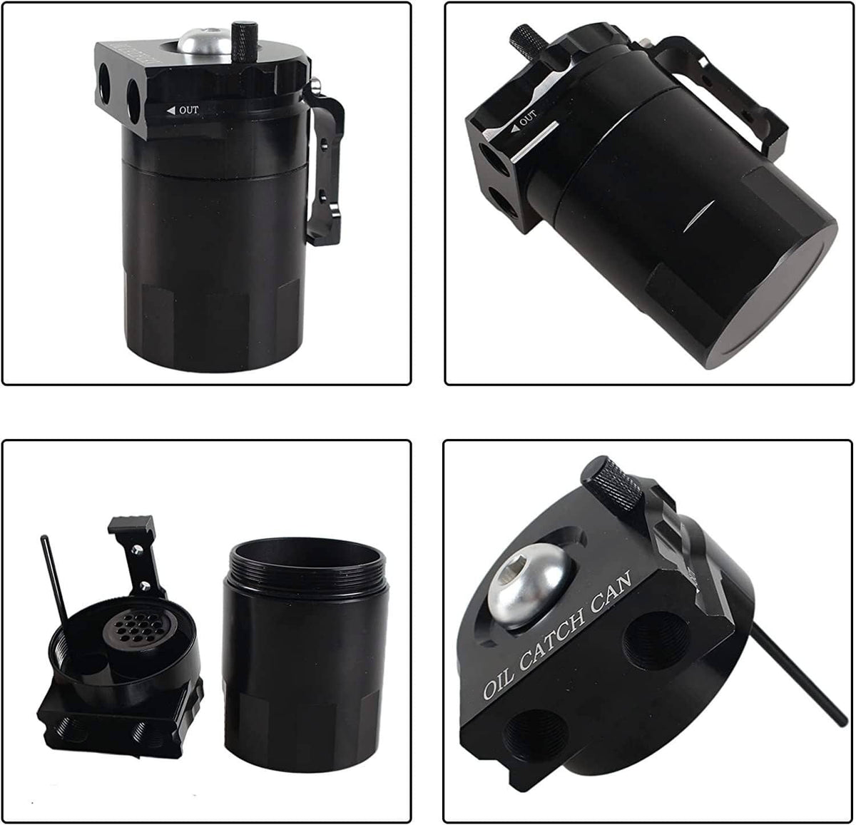 Black oil catch can reservoir tank with side outlet and top breather filter