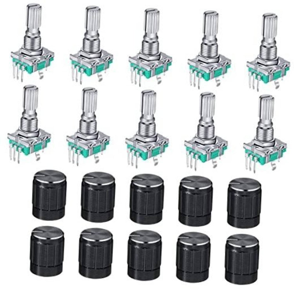 Set of rotary encoder code switches with metal shafts, teal switches, and black knobs