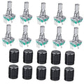 Set of rotary encoder code switches with metal shafts, teal switches, and black knobs