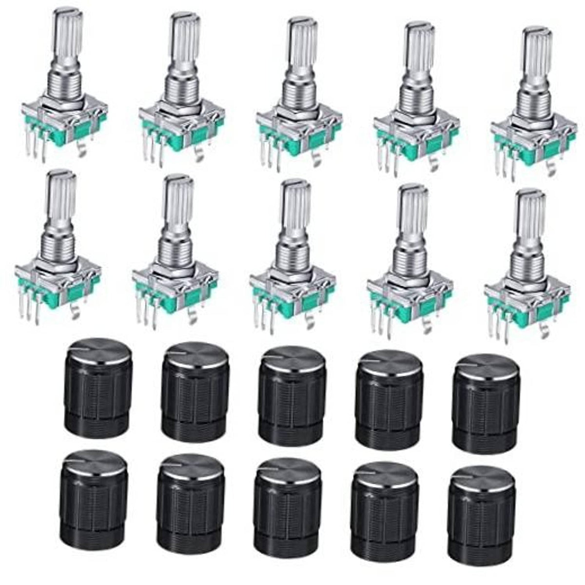 Set of rotary encoder code switches with metal shafts, teal switches, and black knobs
